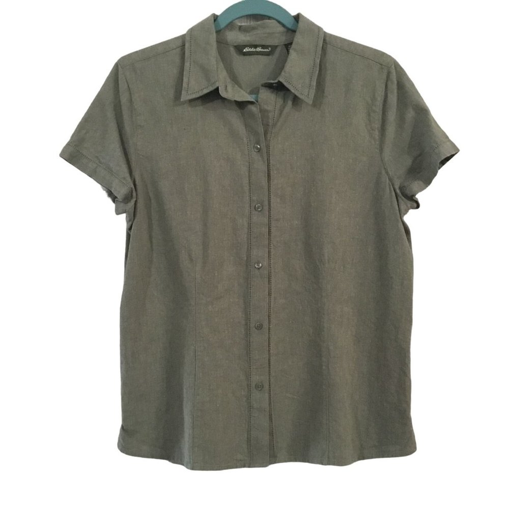 Eddie Bauer Khaki Green Linen Cotton Short Sleeve Mini Point Collar Button Shirt